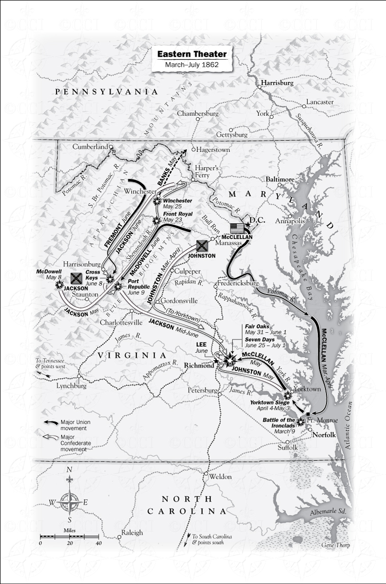 Map of the Eastern Theater in the Civil War, March-July 1862