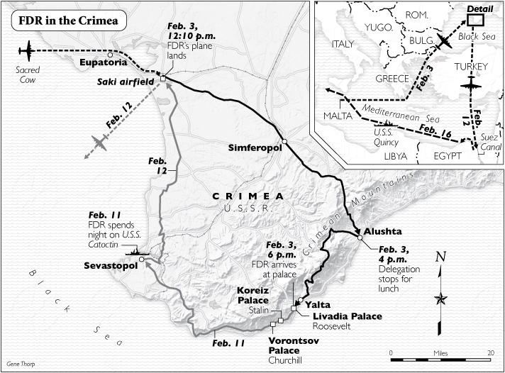 Map Roosevelt's trip to Yalta in the Crimea